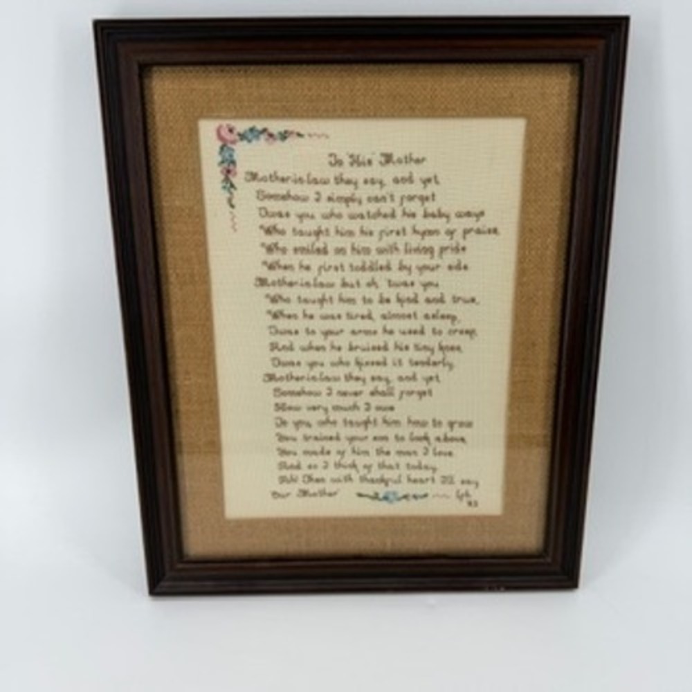 Vintage 1983 Hand Stitched To His Mother Cross Stitch Framed Poem 12x15
